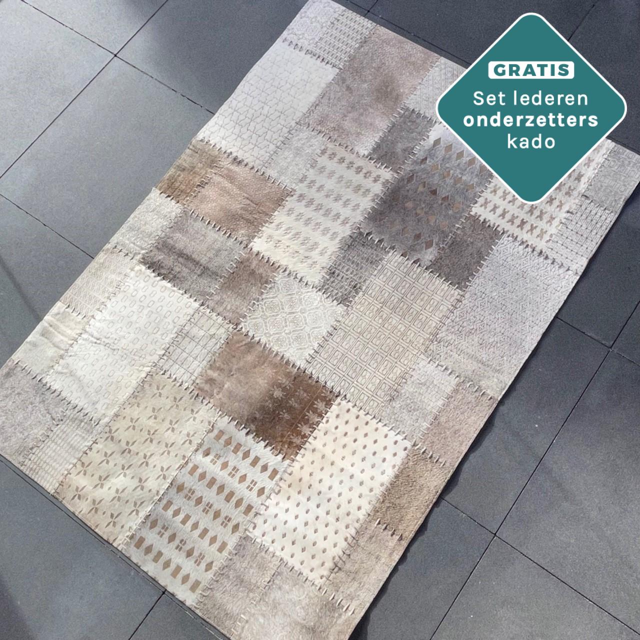 koeienvel patchwork vloerkleed taupe